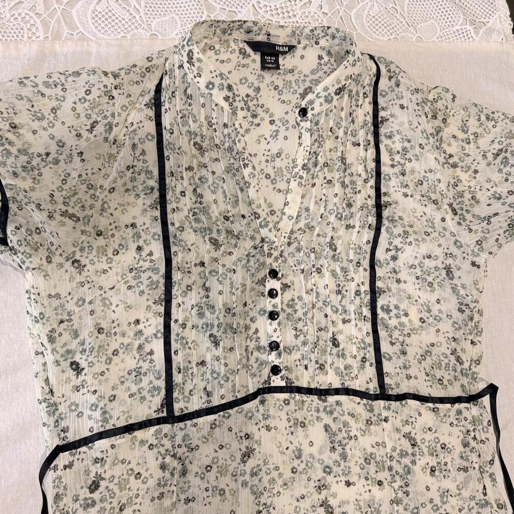 H&M Cream Floral Plissé Pleated Midi Dress - Size 12